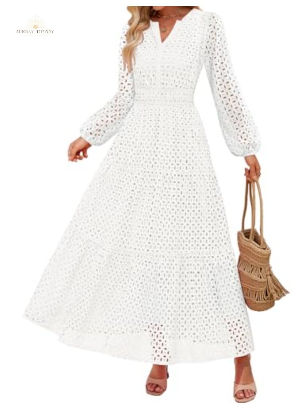 ZESICA Women's 2026 Fall Long Sleeve Eyelet Maxi Dress V-Neck Casual Swing Dress